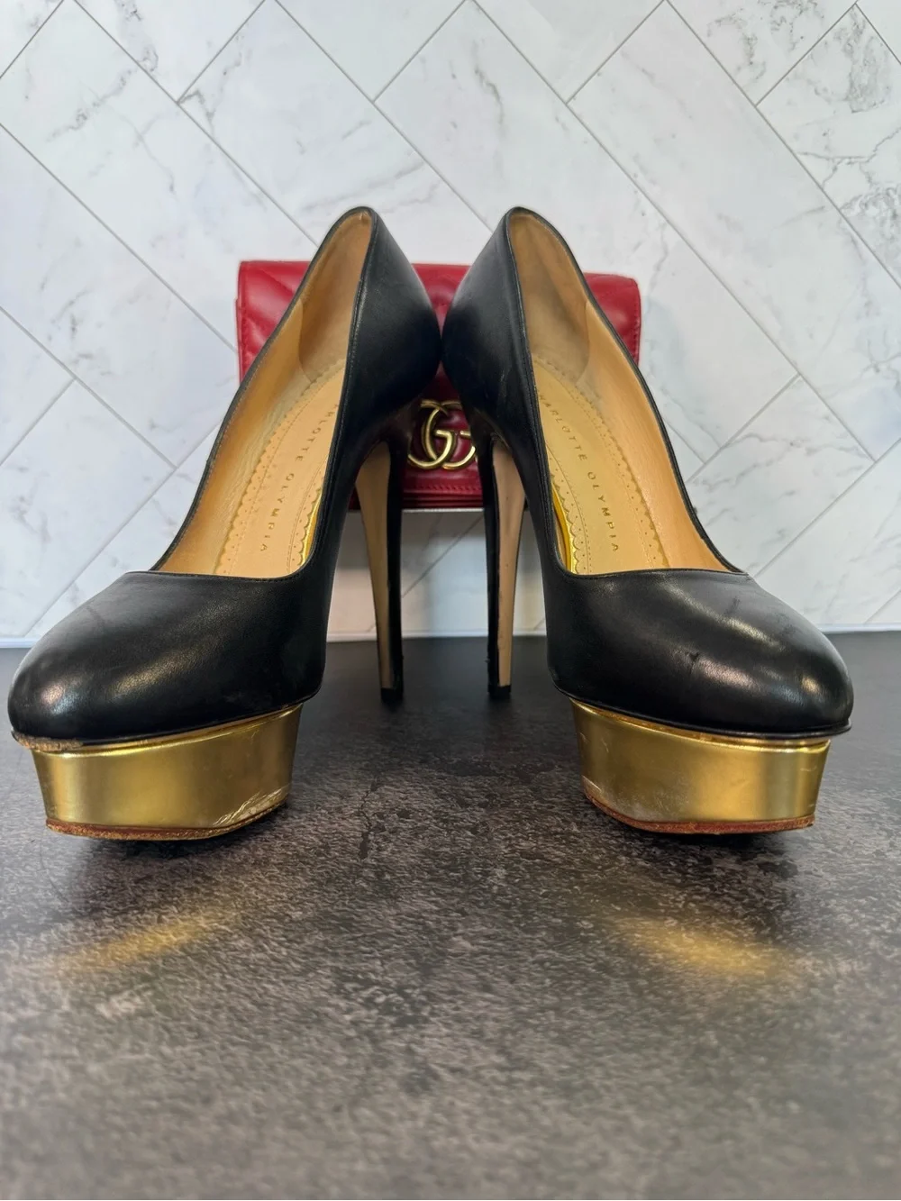 Charlotte Olympia Black Dolly Heels, Gold Platform Pumps, Size 38